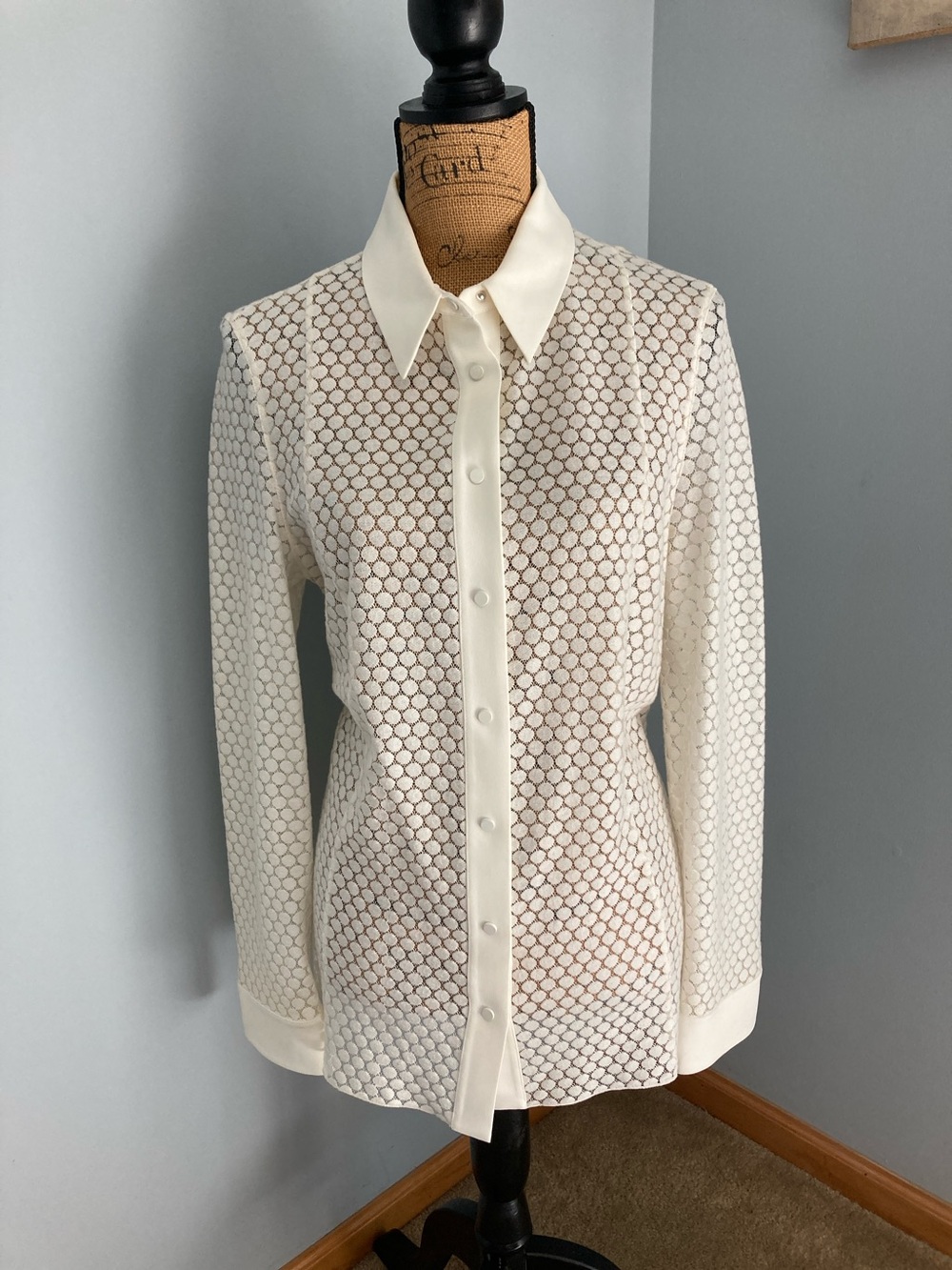 Akris Punto Ivory Geometric Lace Button-Up Mesh Blouse Women US Size 12